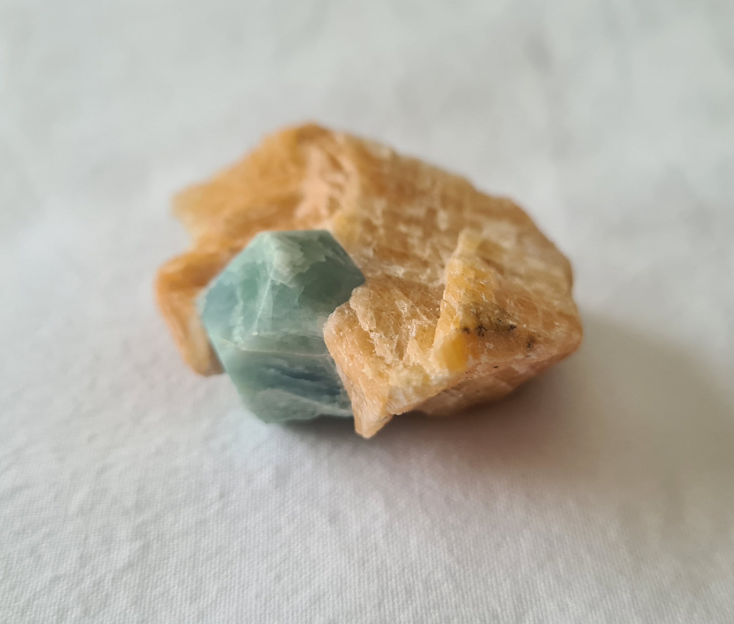 Blue apatite and calcite crystal